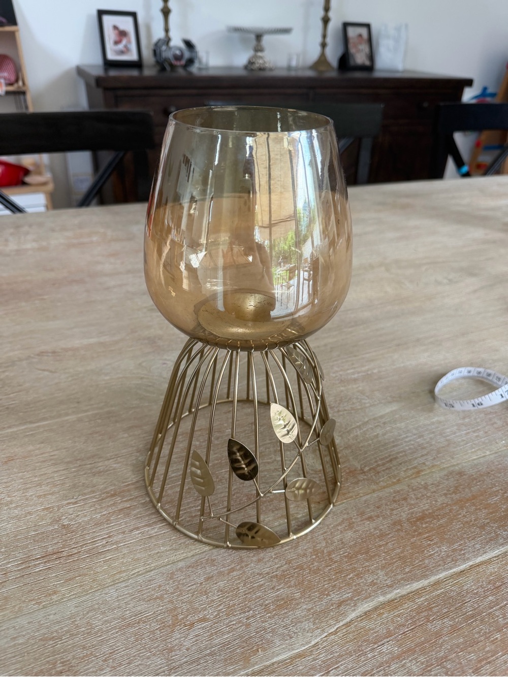 Mid Century Modern Vintage Goldtone Pillar Candle Holder- Classic Leaf Accents